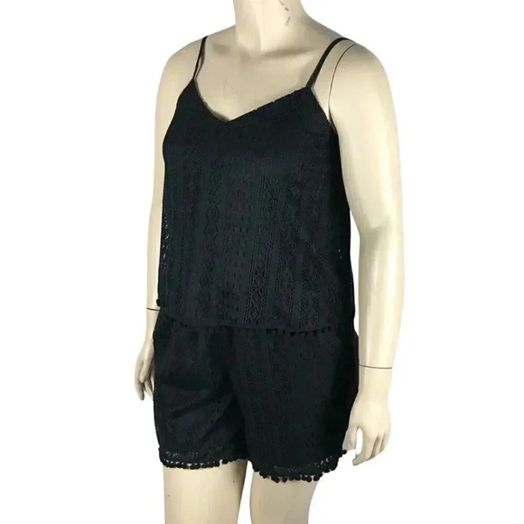 AMERICAN RAG Plus Size Pom Pom Trim Romper, Black, 0X - Picture 2 of 7